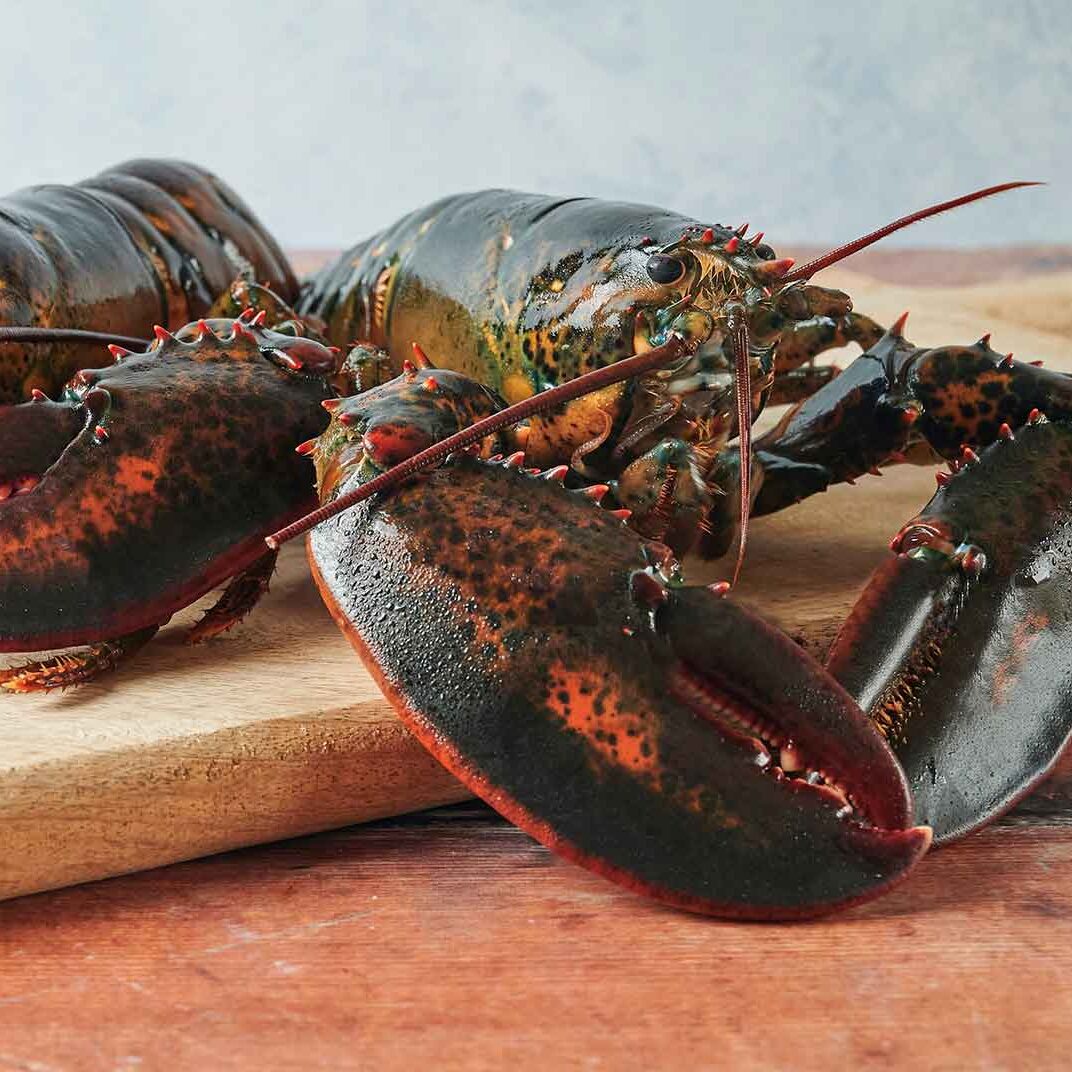 Uncooked lobster on wooden cutting board.